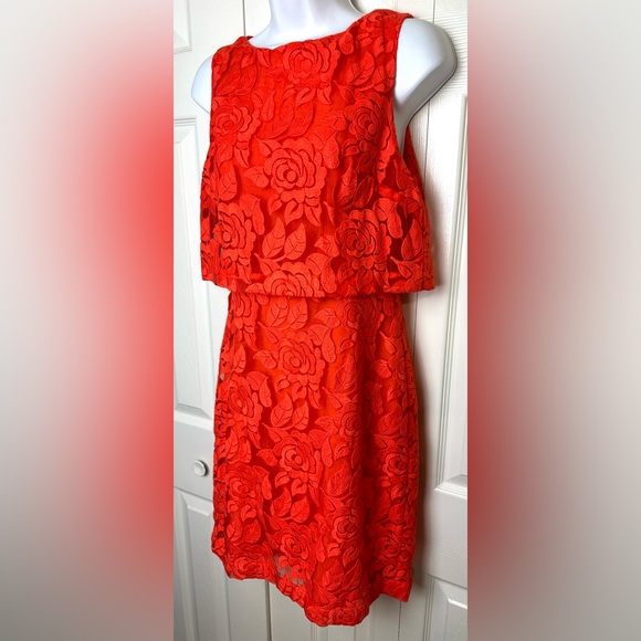 New NICOLE MILLER Artelier Vibrant Lace Orange Dress Shift Sheath Layered Floral - Picture 3 of 11